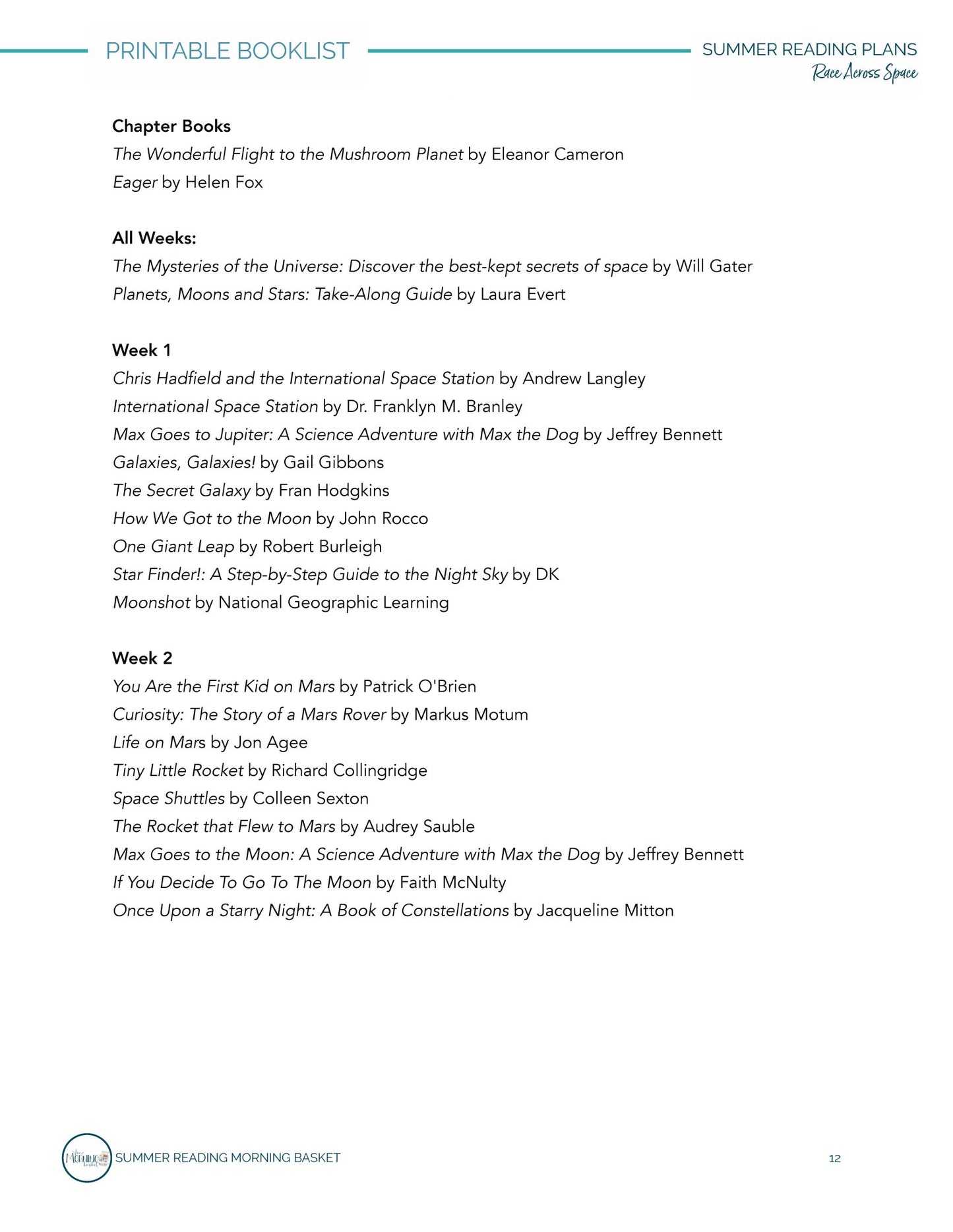 Race Across Space Morning Time Plans