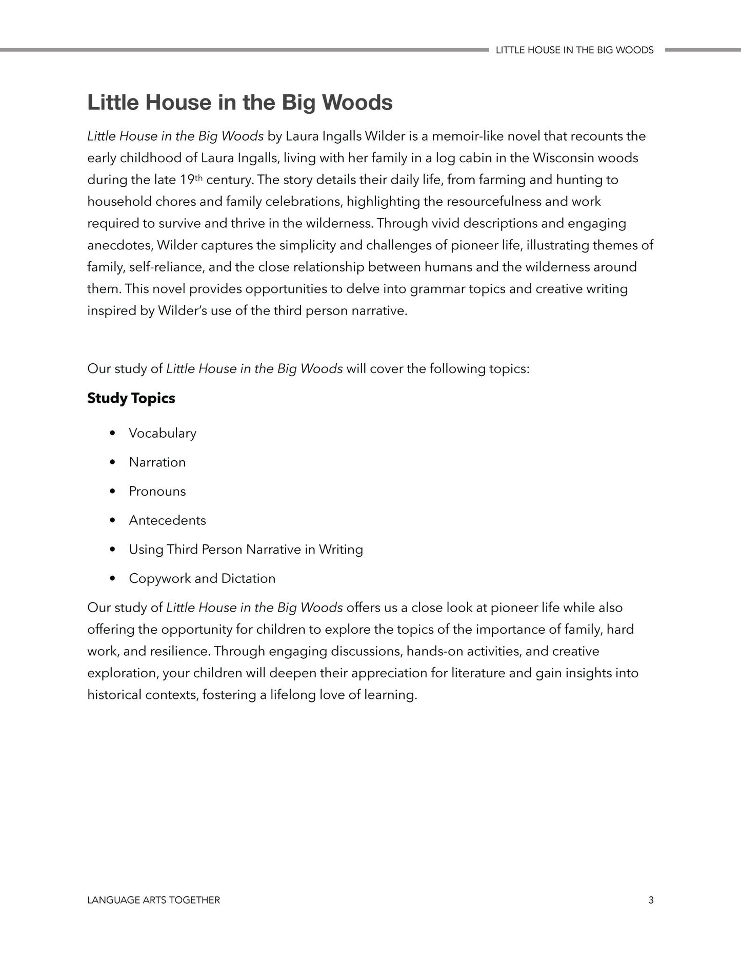 Little House in the Big Woods Language Arts Together - Homeschool Better Together