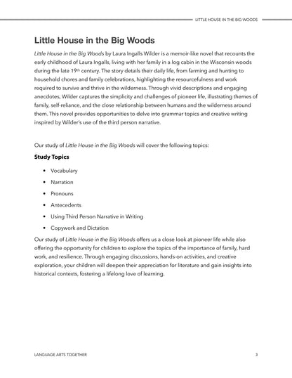 Little House in the Big Woods Language Arts Together - Homeschool Better Together