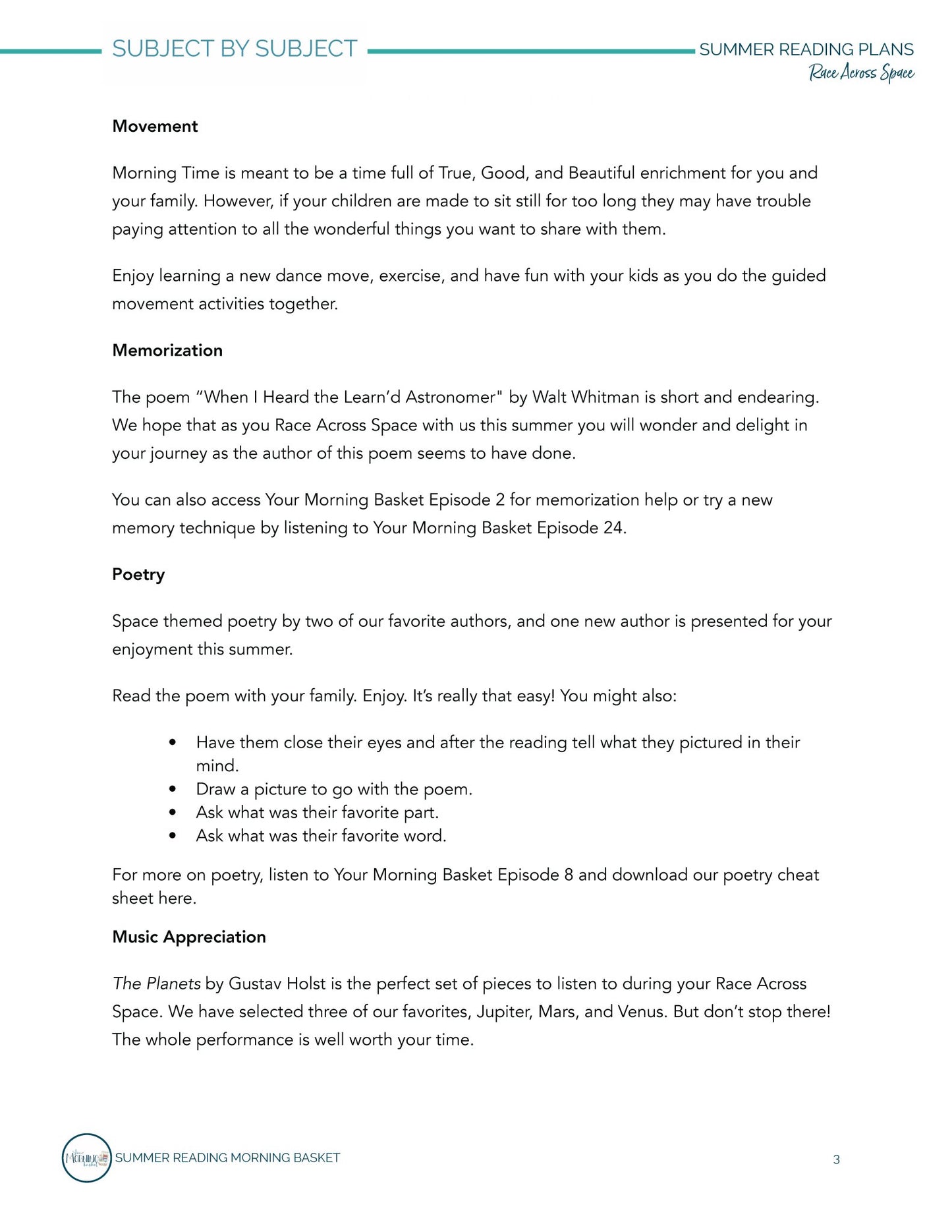Race Across Space Morning Time Plans