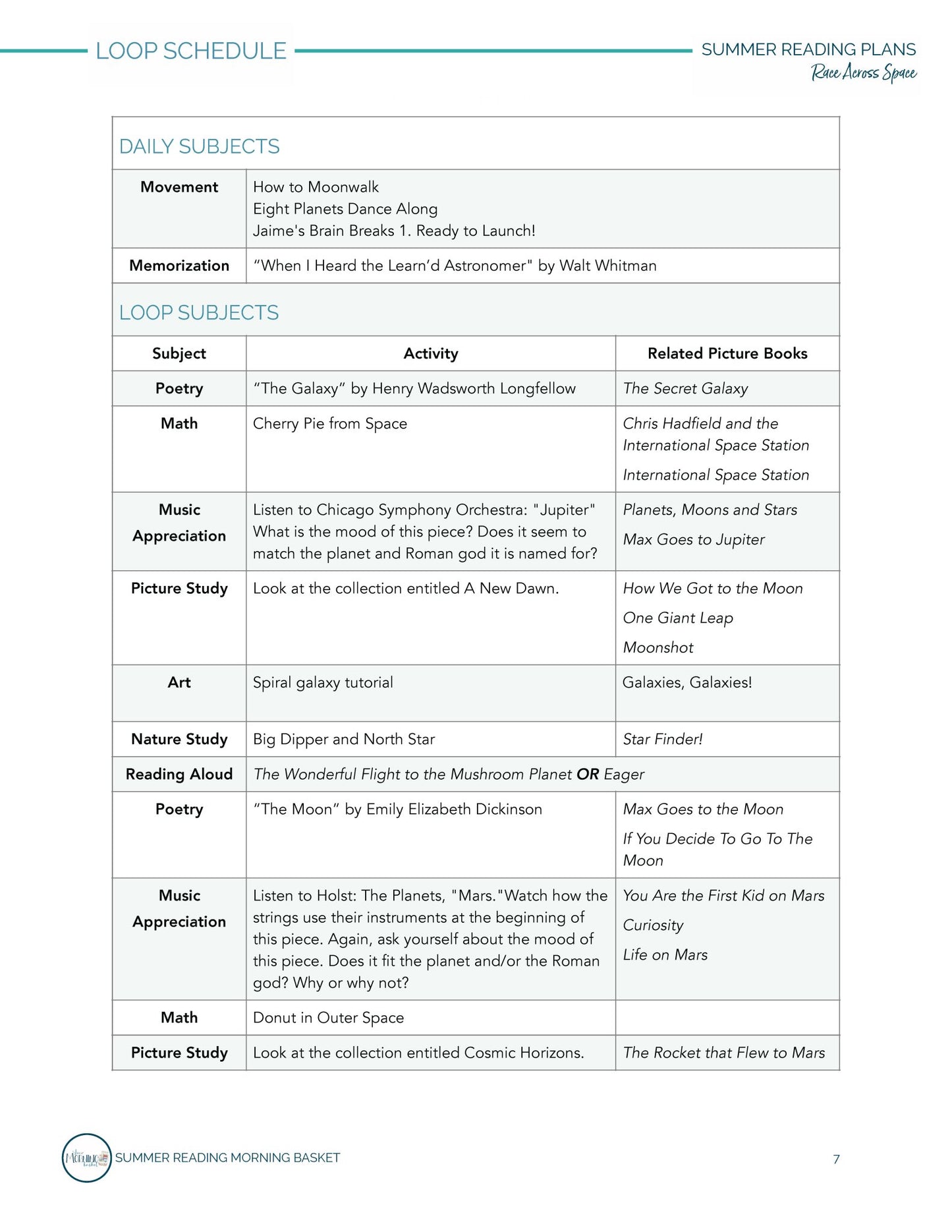 Race Across Space Morning Time Plans