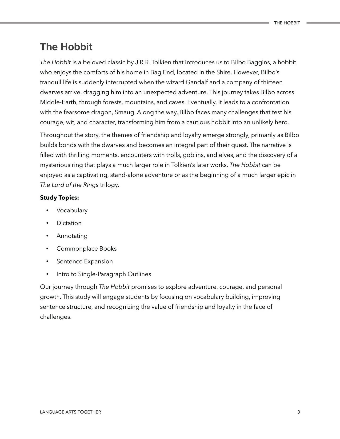 The Hobbit Middle School Language Arts Together - Homeschool Better Together